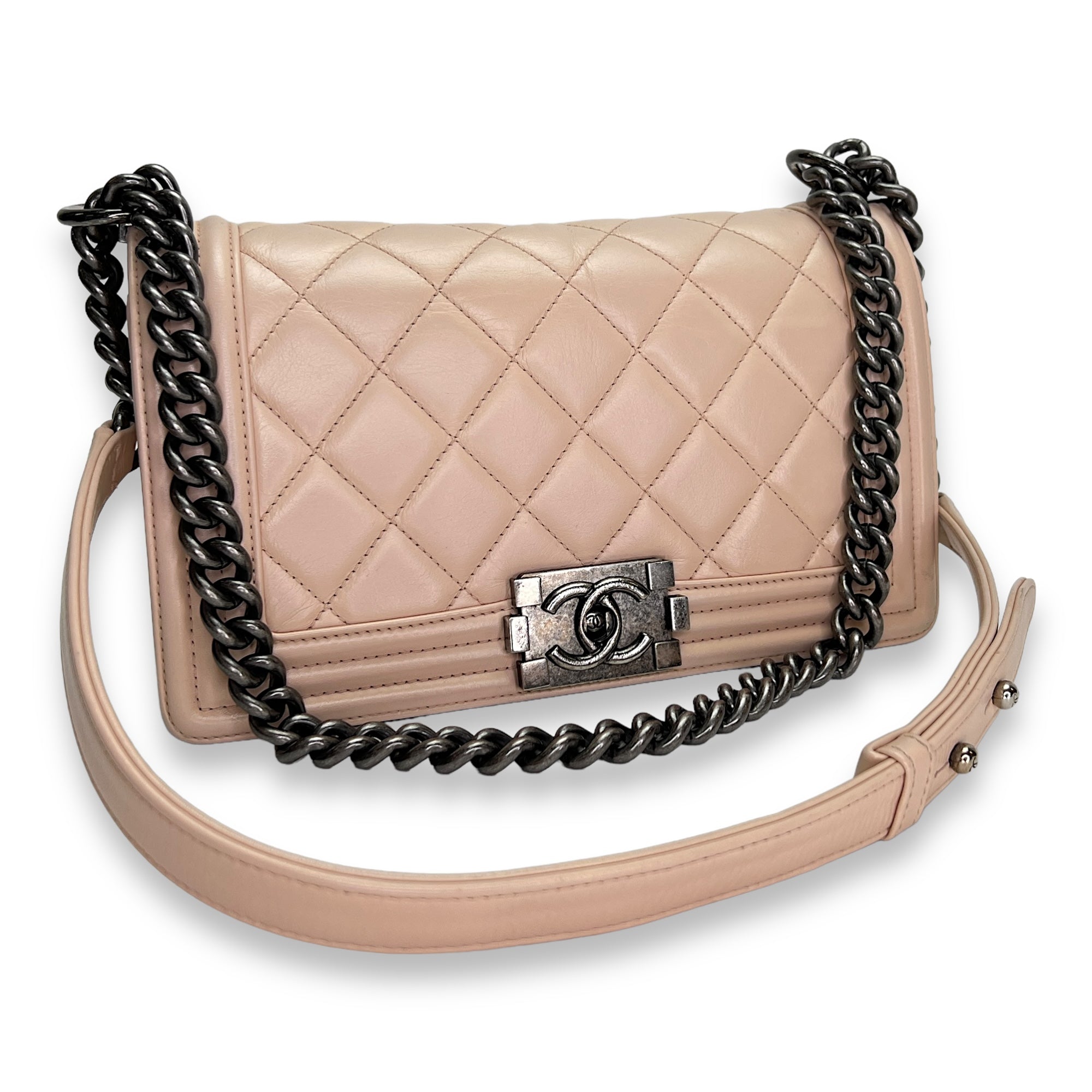 Boy Crossbody Bag Medium Beige in Calfskin , Ruthenium Hardware - Image 12
