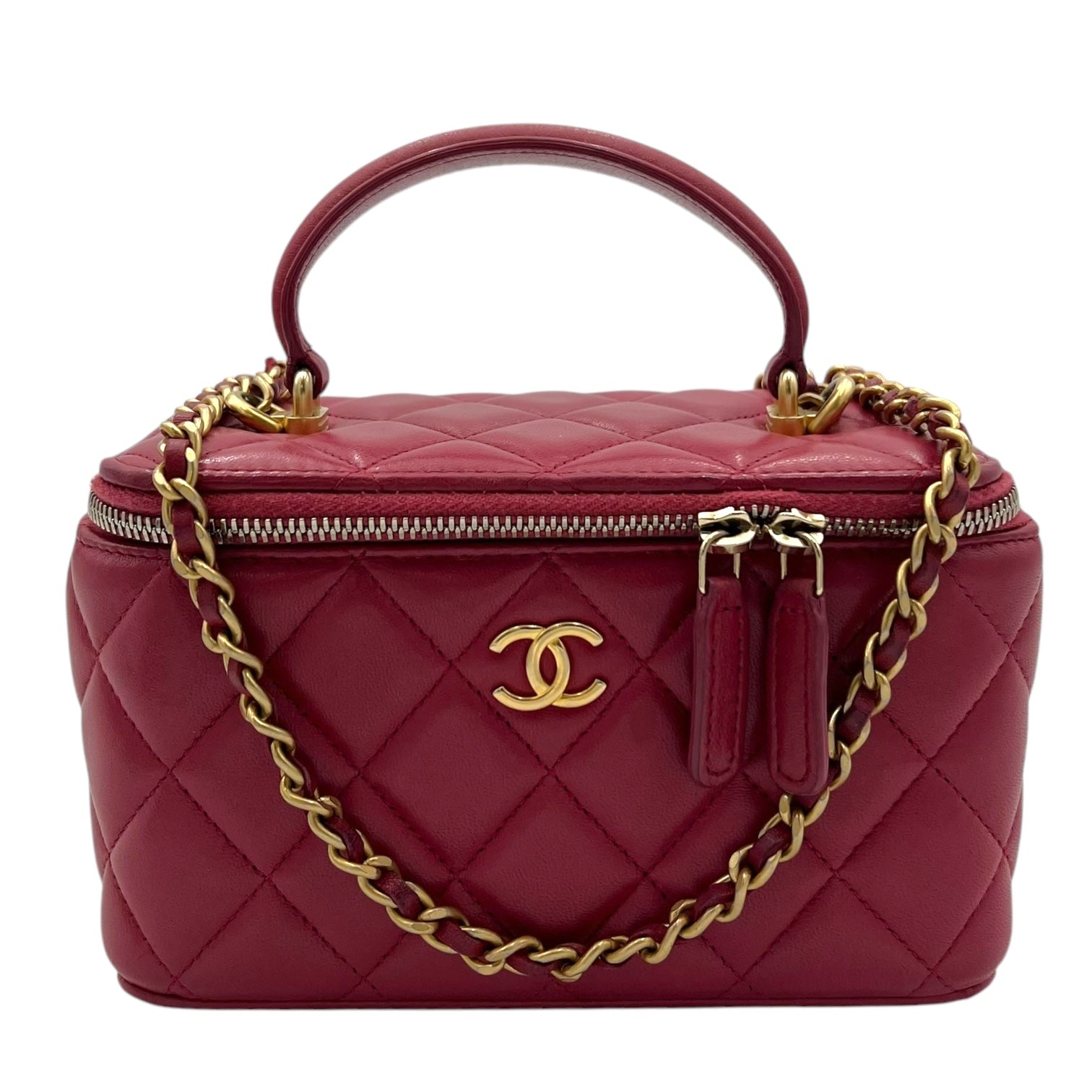 Classic Vanity Small Red Top Handle Bag in Lambskin, Gold hardware