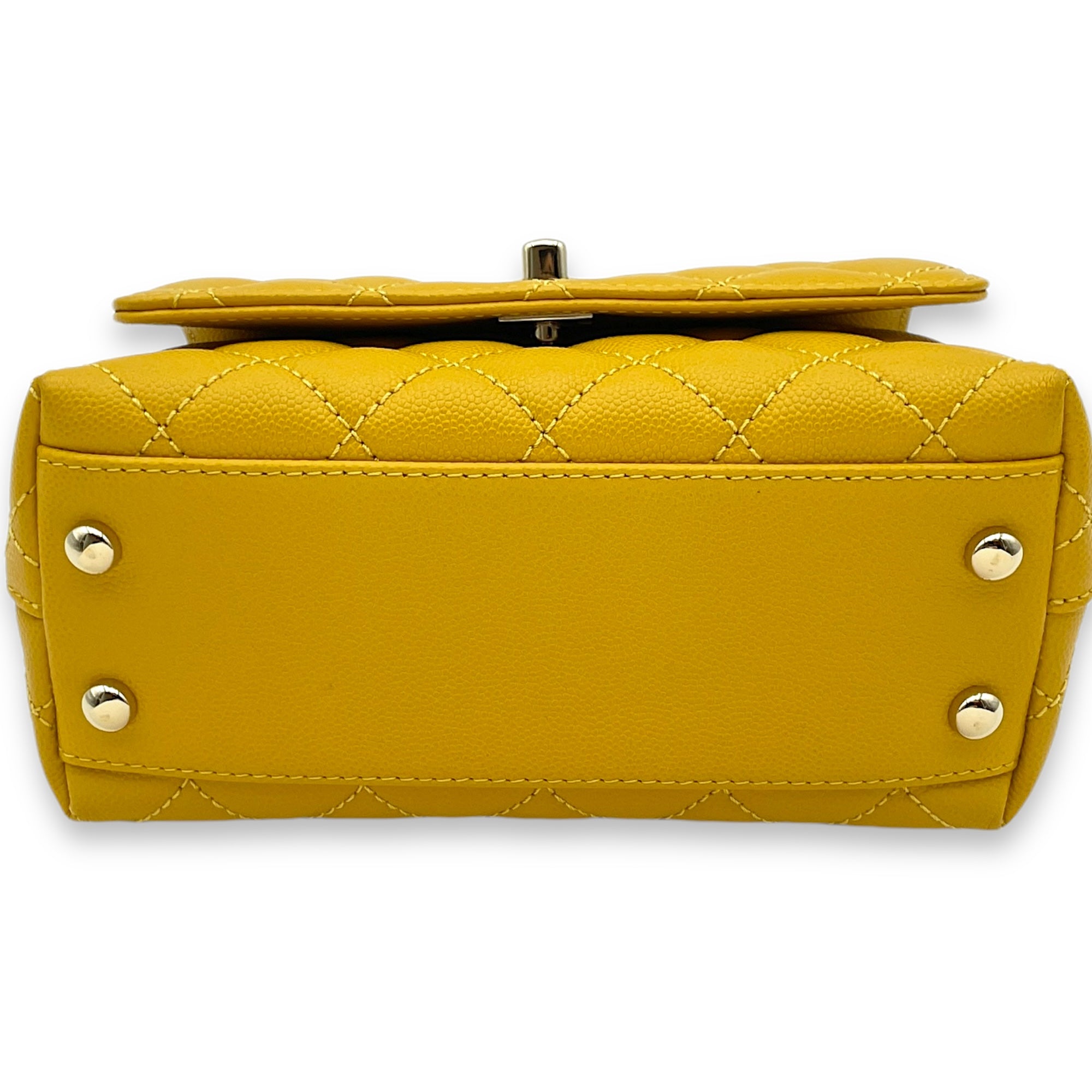 Coco Mini Mustard Yellow Top Handle Bag in Caviar Leather, Gold hardware - Image 6