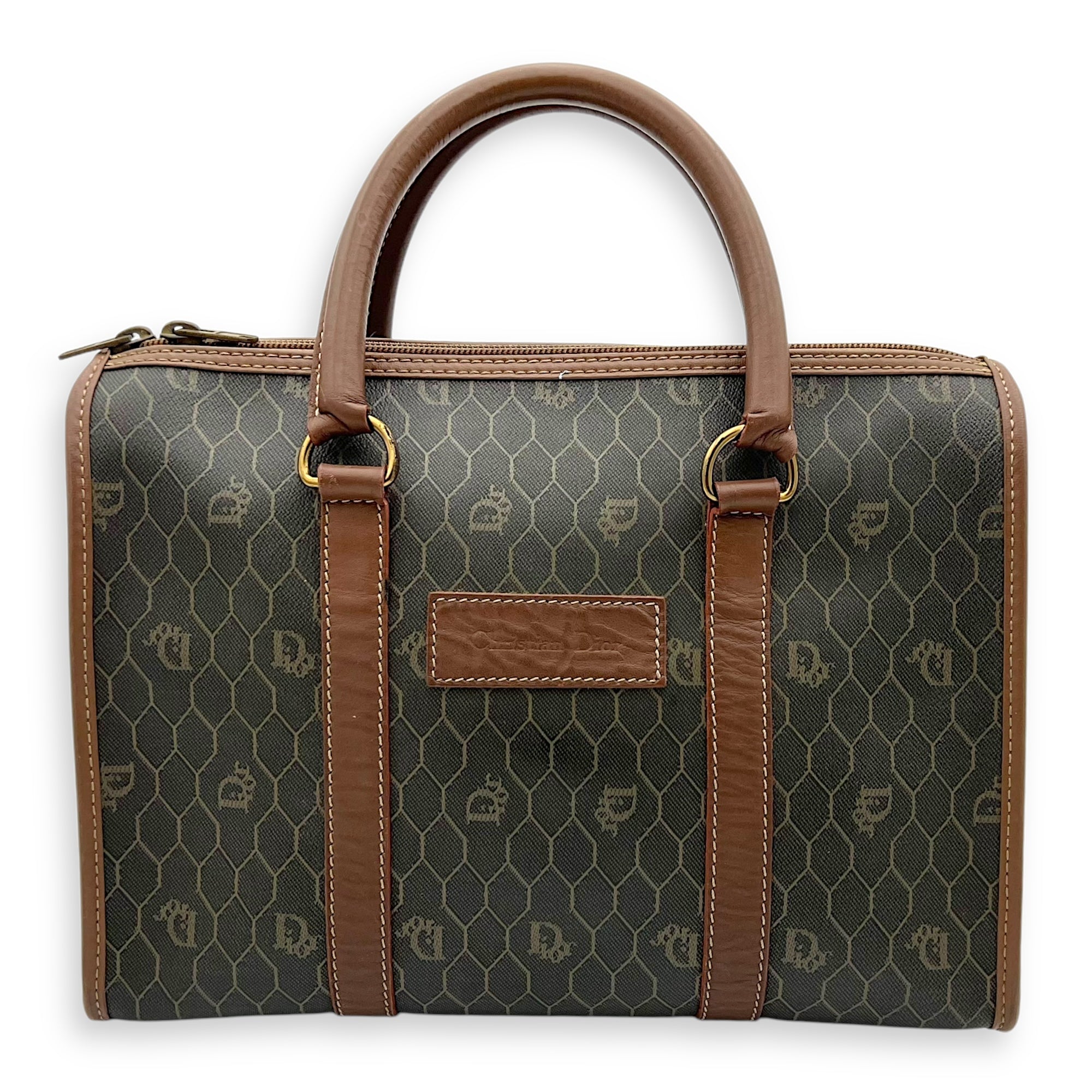 Honeycomb Top Handle Bag Brown in Coated Canvas, Gold hardware