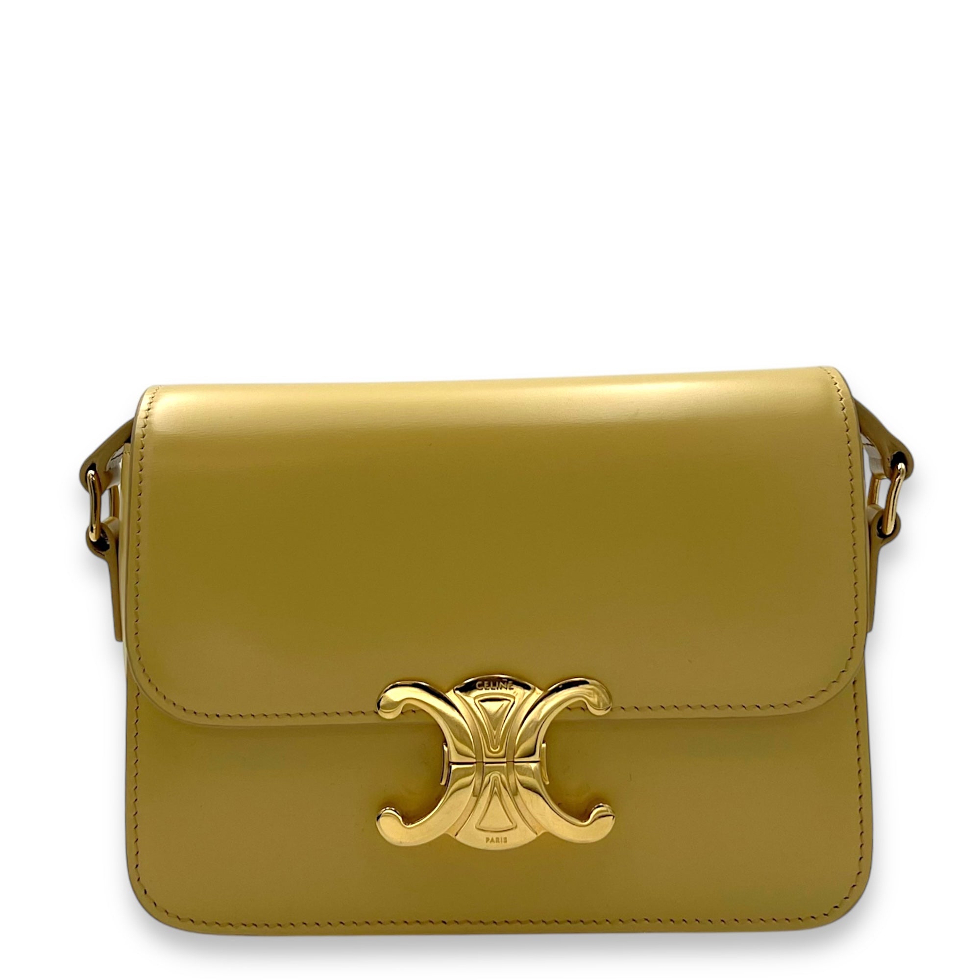 Triomphe Crossbody Bag Teen Yellow in Calfskin, Gold hardware