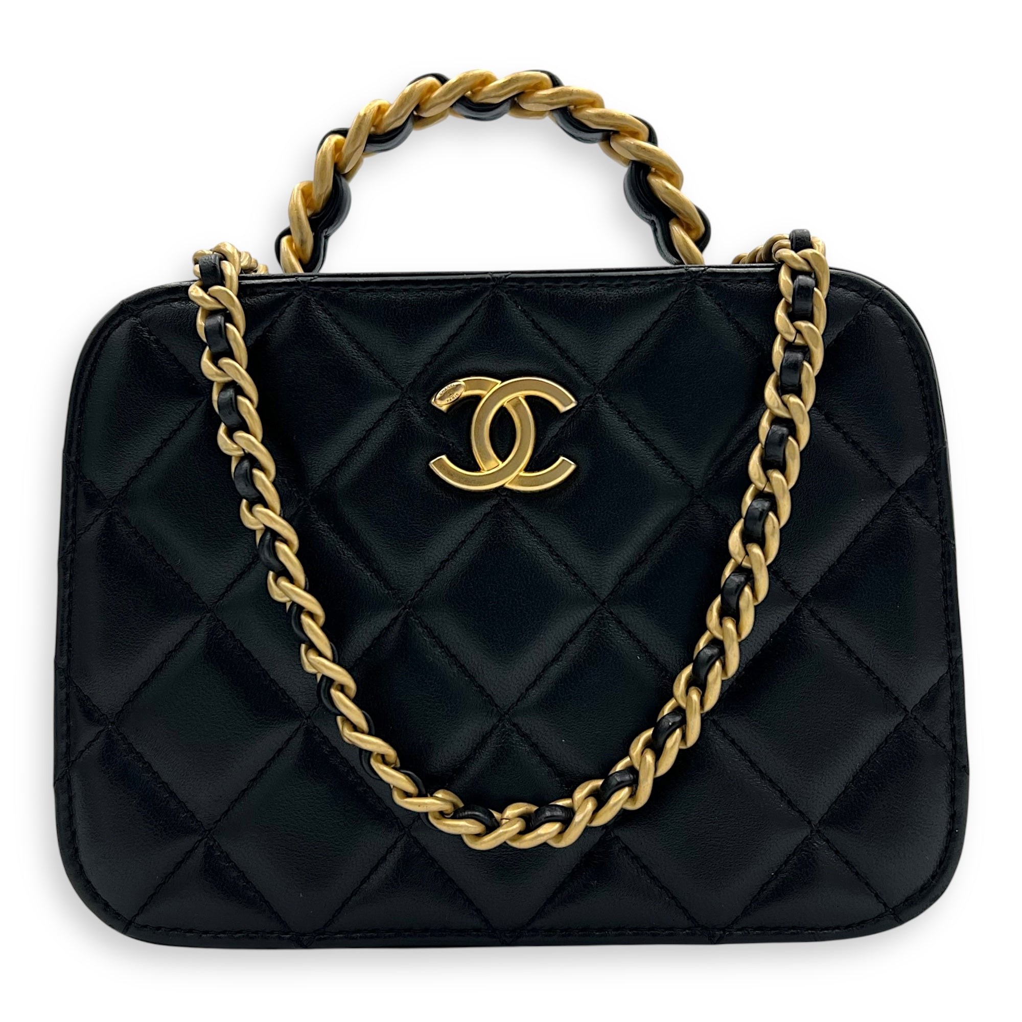 Vanity Chain Black Top Handle Bag in Lambskin, Gold hardware