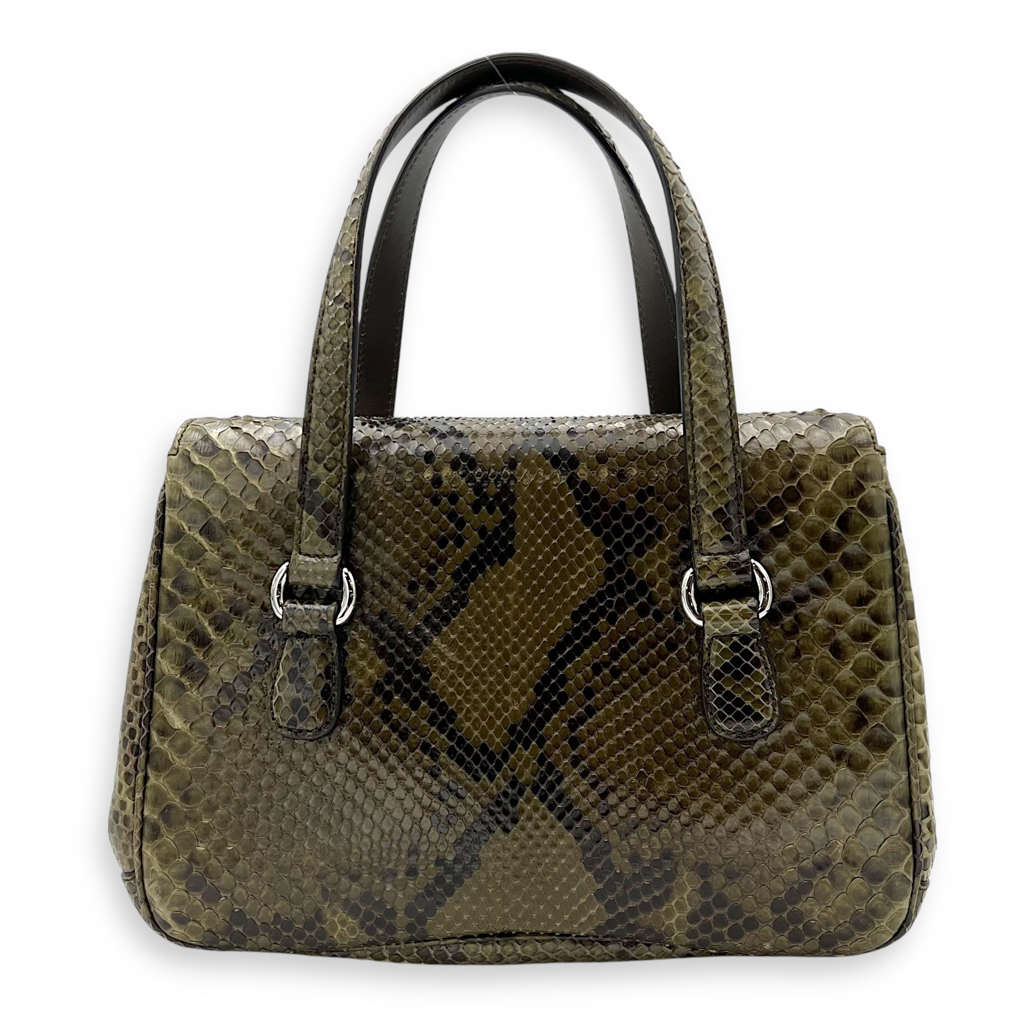 Flap Green Top Handle Bag in Snake Skin, Silver hardware - Image 3