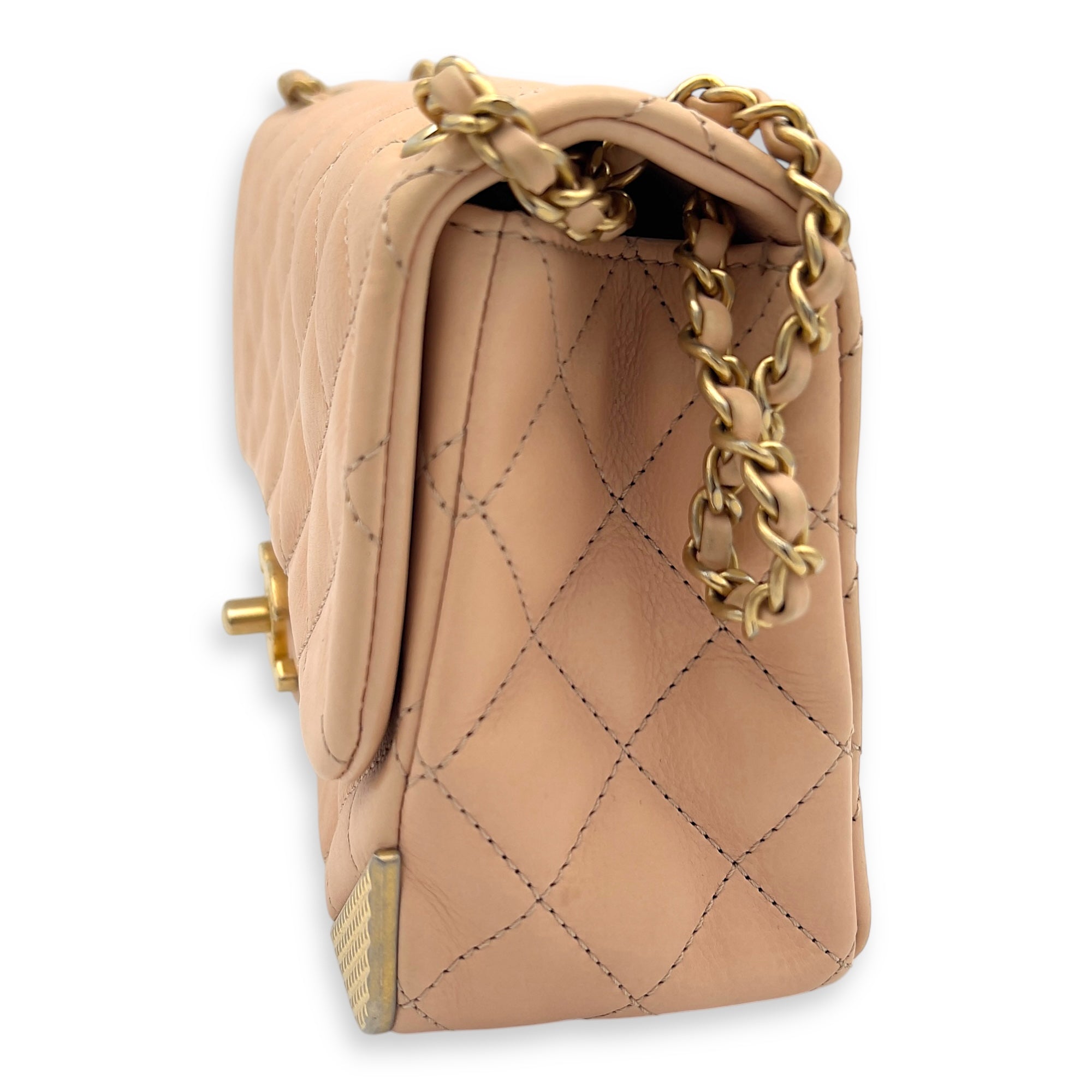 Mini Rectangle Shoulder Bag Beige in Lambskin, Gold hardware - Image 4