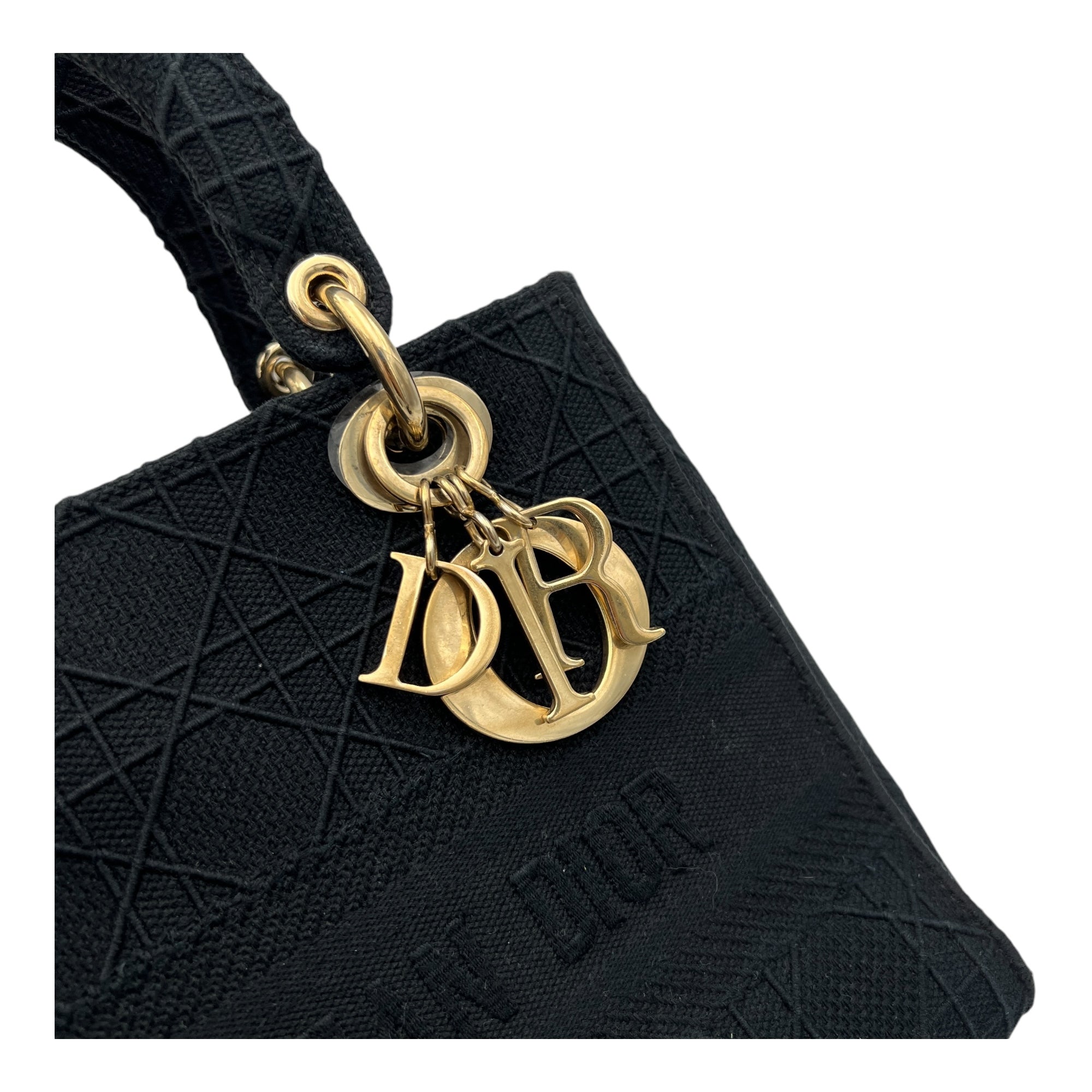 Lady D-Lite Medium Black Top Handle Bag in Canvas, Gold hardware - Image 7