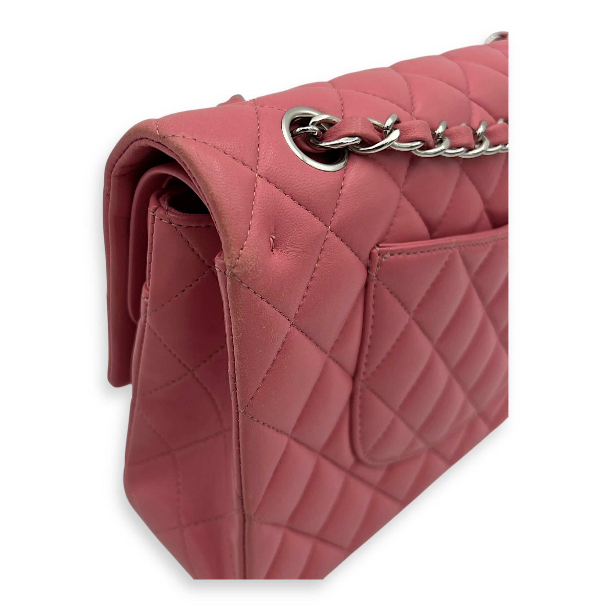 Classic Medium Pink Shoulder Bag in Lambskin, Silver hardware - Image 10