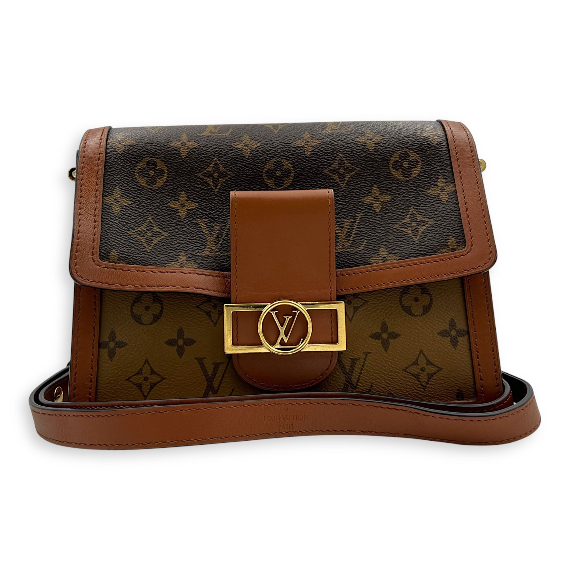 Dauphine MM Brown Shoulder Bag in Monogram Coated Canvas, Gold hardware - Image 11