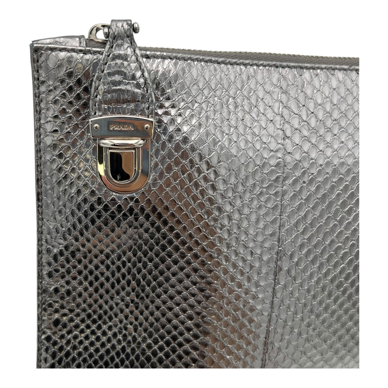 Push Lock Clip Silver Clutch in Python Embossed Calfskin, Silver hardware - Image 9