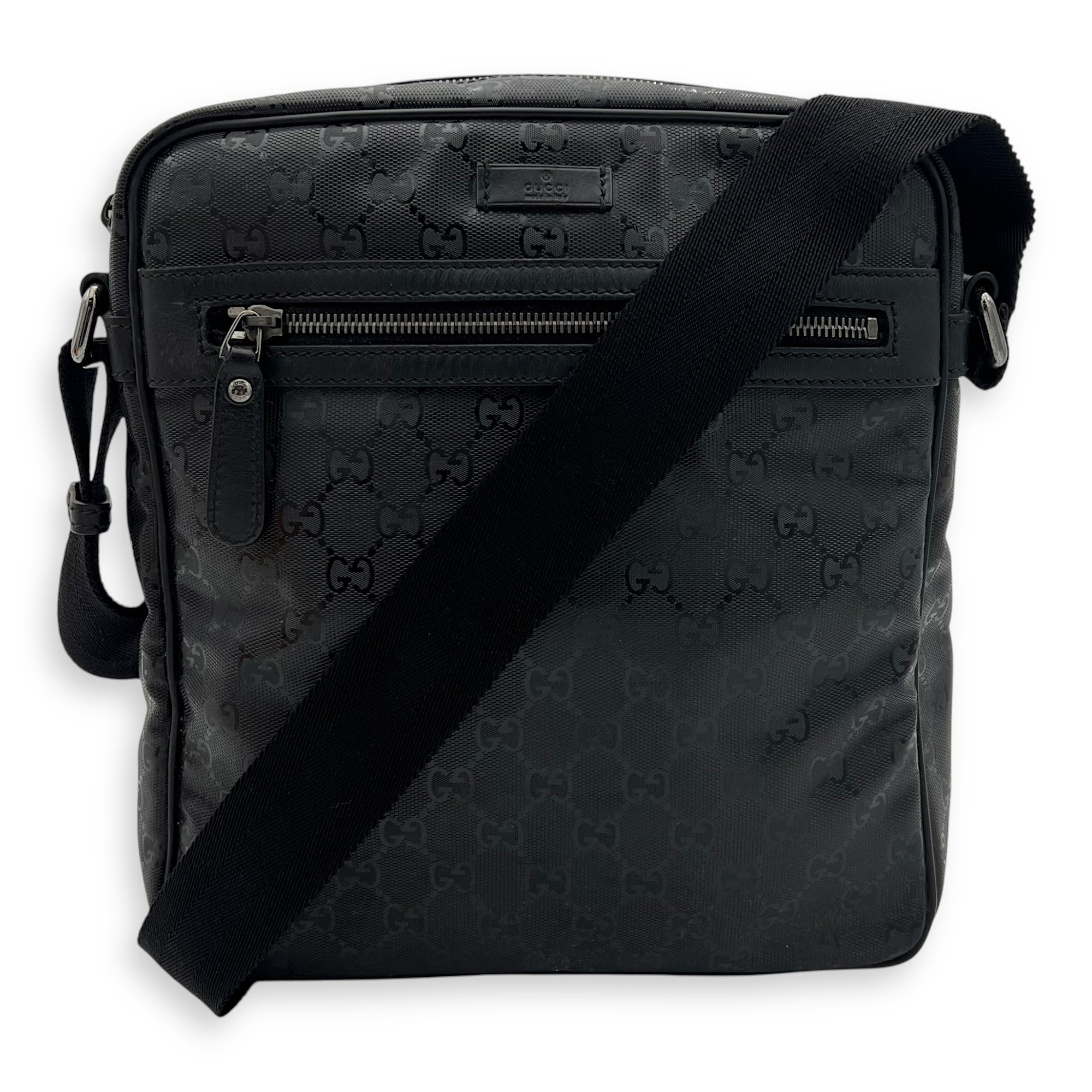 GG Messenger Black in Coated Canvas, Silver hardware