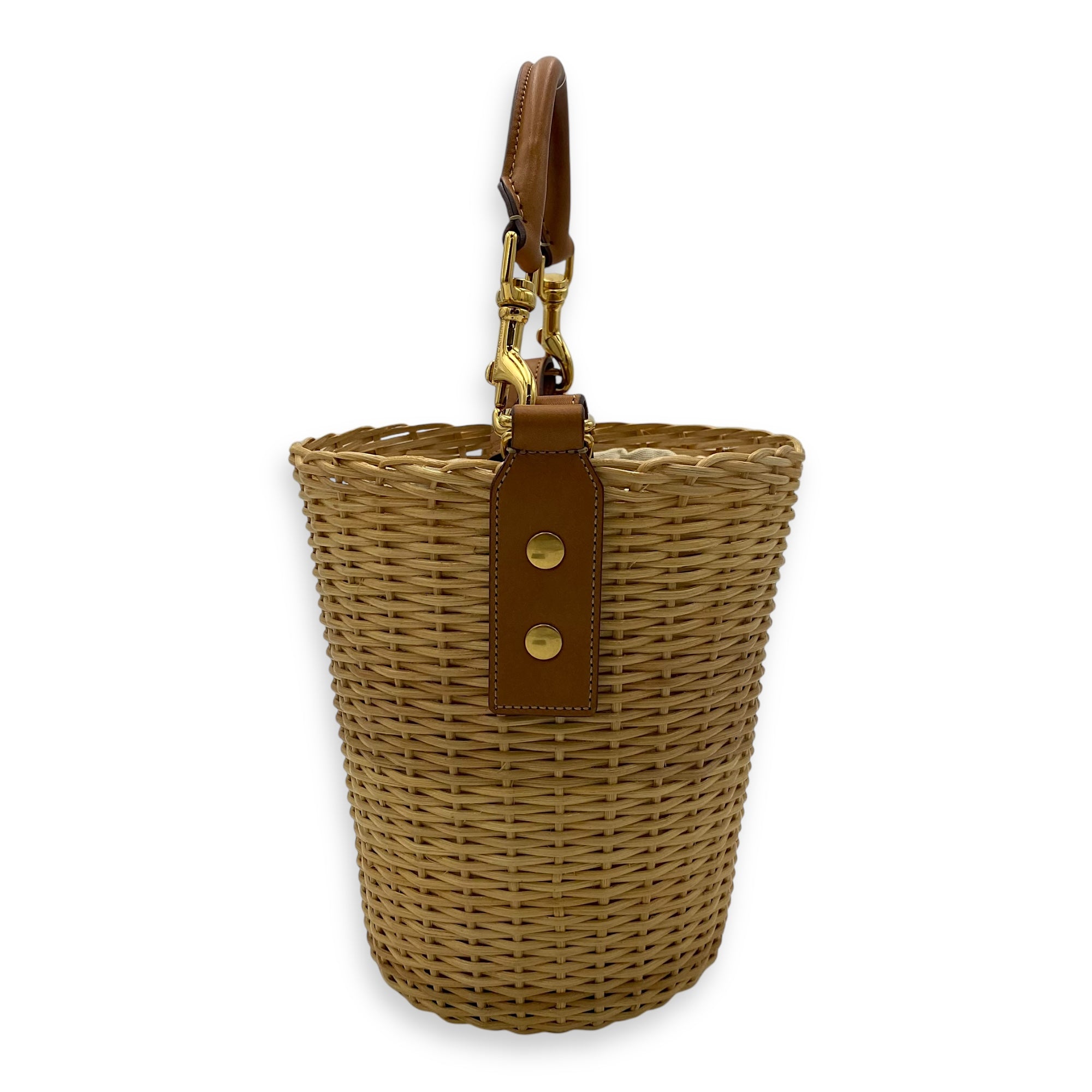 Wicker Bucket Brown Top Handle Bag in Rattan, Gold hardware - Image 4