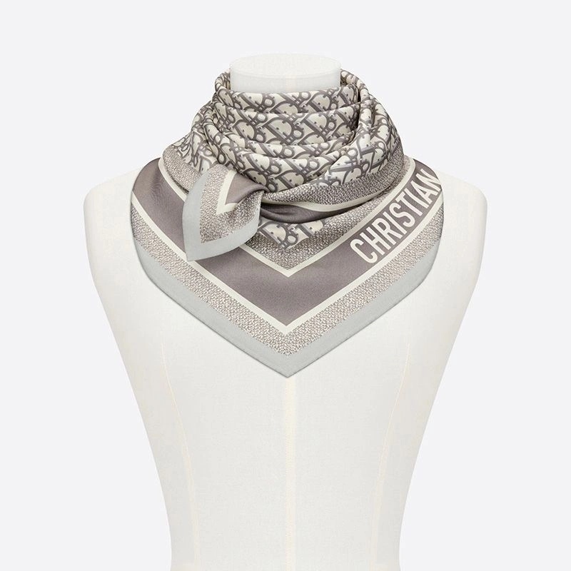 Dior Square Scarf Oblique Diortwin Motif Silk Grey Navy Blue - Image 3